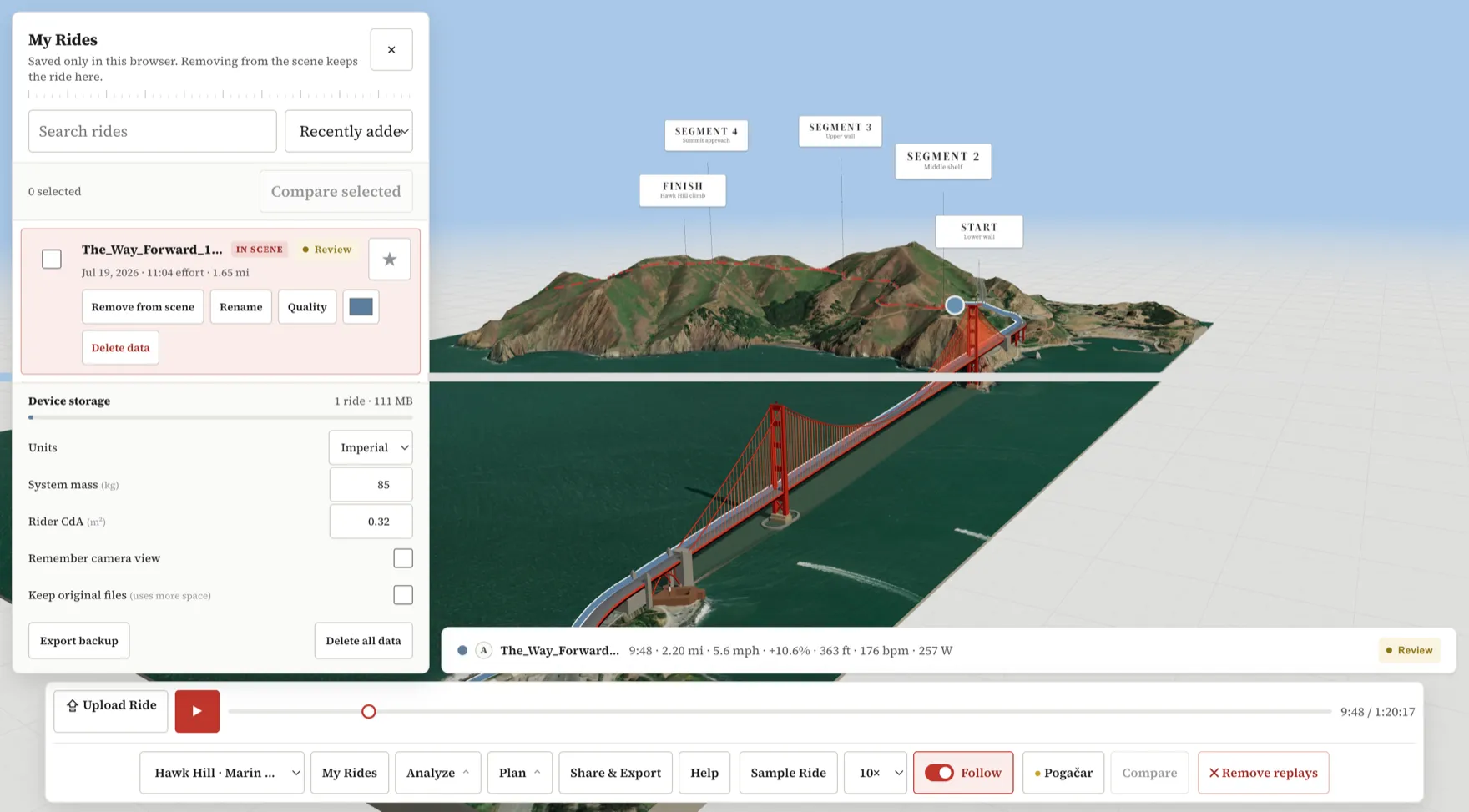 The Segment Atlas interface. A ride replays over 3D terrain of the Marin Headlands and the Golden Gate Bridge, with labelled course segments. A panel on the left lists saved rides and reports device storage of 111 MB for one ride.